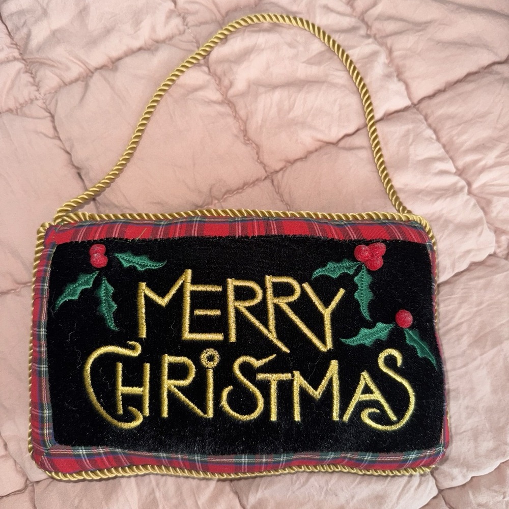 Velvet Hanging Mini Pillow Merry Christmas Gold Embroidery 10x6½ Cord Trim
